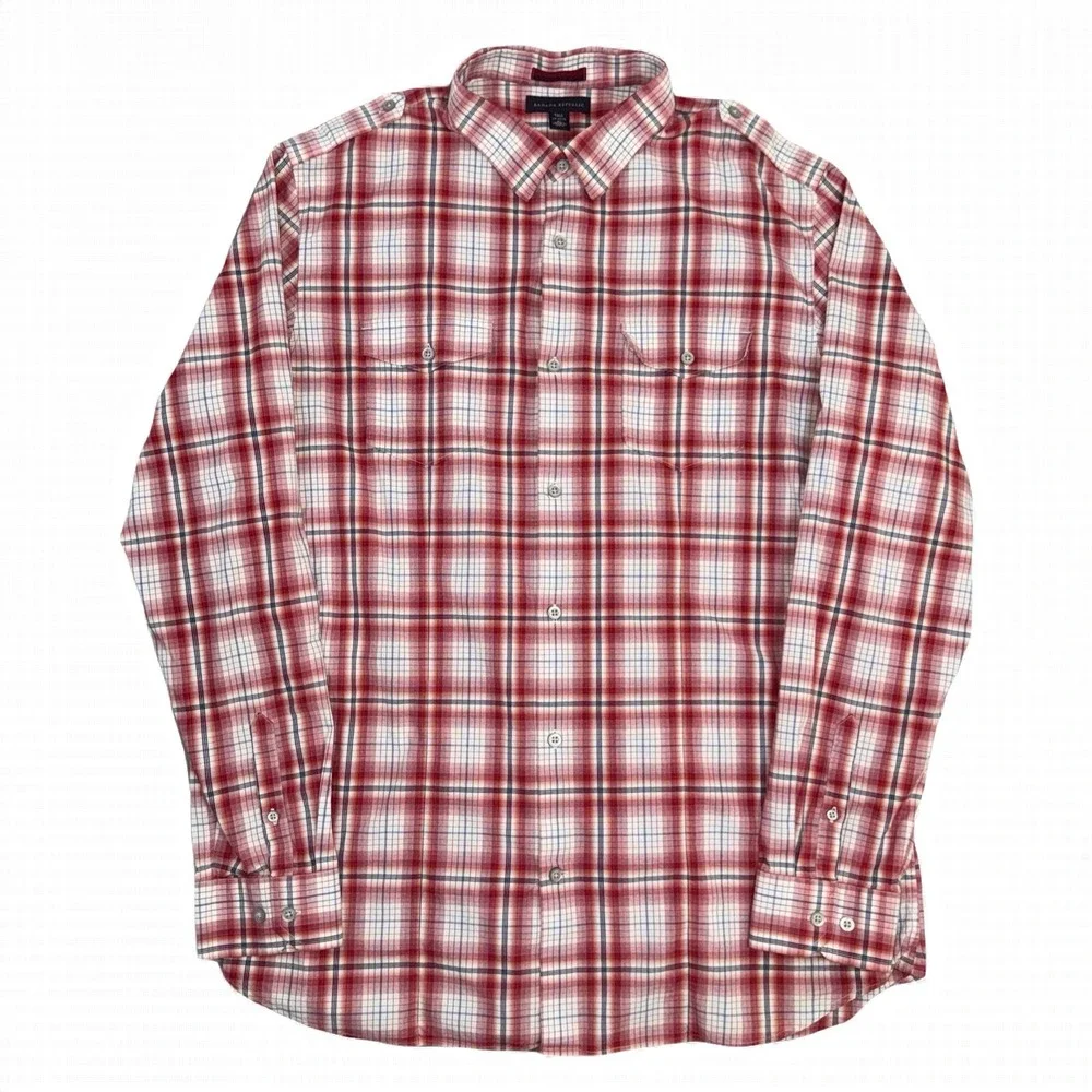 Banana Republic Mens XL‎ Tall Button-Up Long Sleeve Plaid Epaulettes Red Shirt